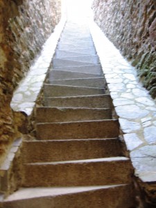 The castle stairs were so cool – triangular shaped stairs to aid in climbing the steep incline. You have to walk in a zigzag fashion, but it works. Imagine these passing building codes now!