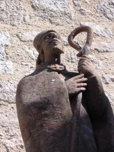 Cool modernistic shepherd at the entry to the cathedral in Senergues.