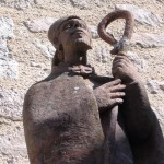 Cool modernistic shepherd at the entry to the cathedral in Senergues.